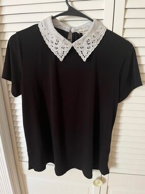Faith and Joy Black Blouse with White Lace Peter Pan Collar